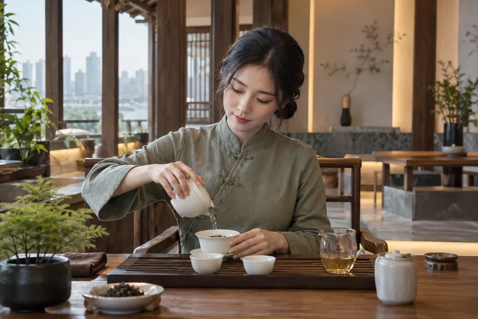 新中式盖碗冲泡场景，茶席与茶具