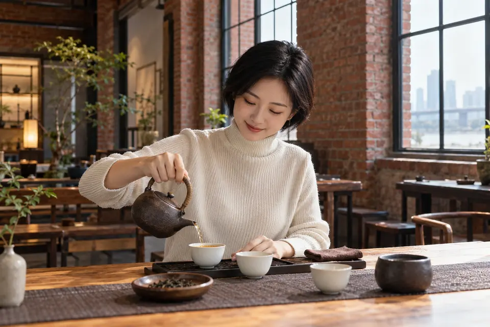 红砖空间中的倒茶场景，陶壶与茶席