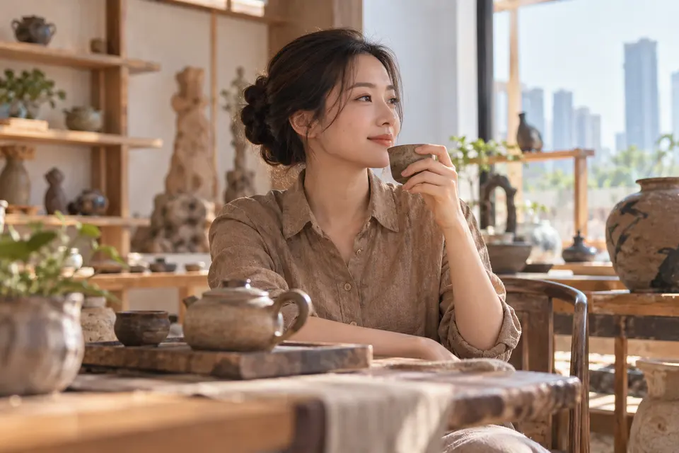 陶艺茶器工作室中的茶杯与茶具陈列