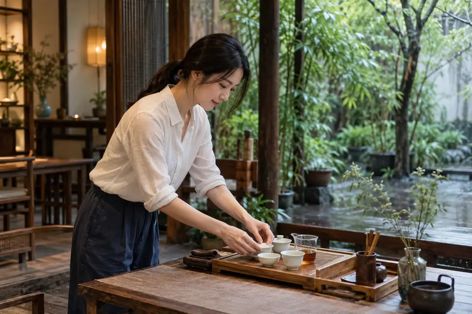 成都庭院茶席布置，竹制茶具与盖碗摆放