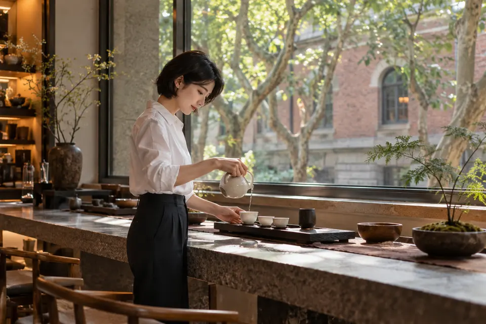都市街区茶室中的倒茶场景，白瓷茶具