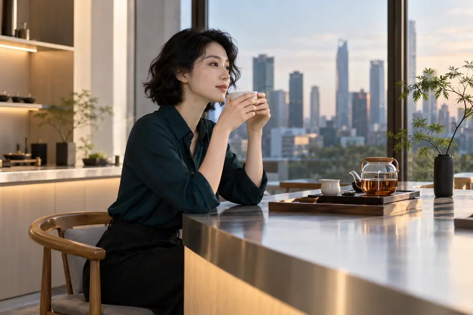 现代设计茶吧空间，白瓷茶具与座位